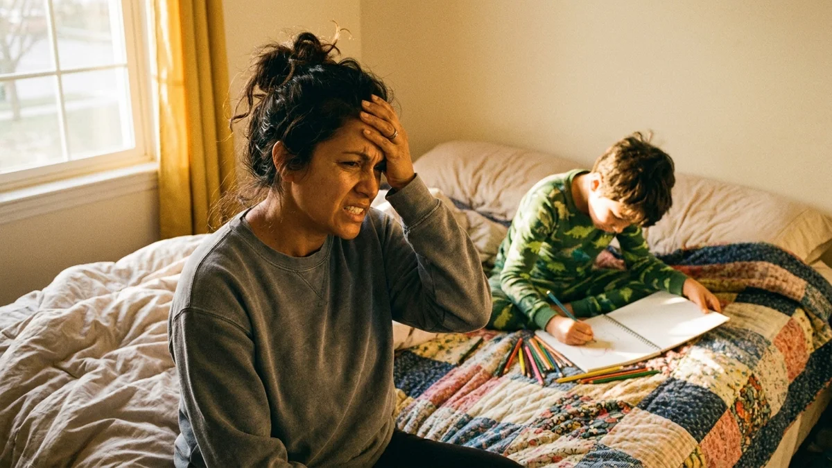 Frustrated mom holding her head while young child draws on bed