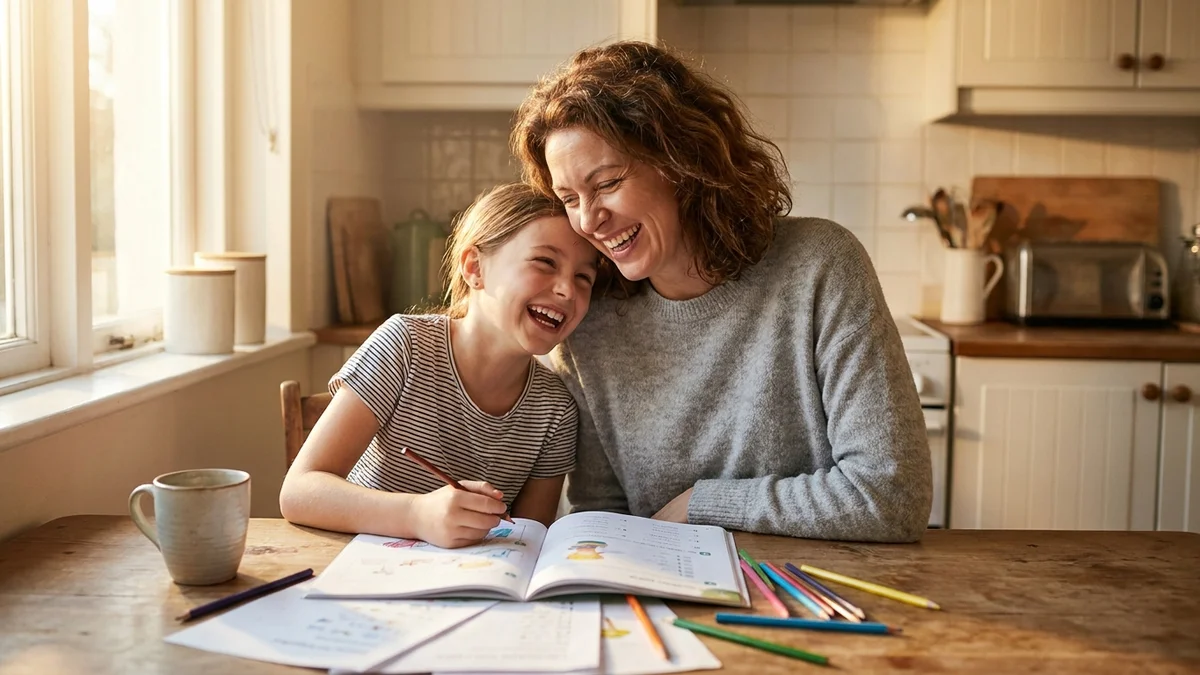 Mom and daughter laughing together over homework at kitchen table