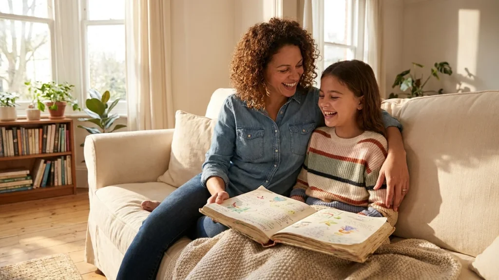 Mom and daughter laughing together over an illustrated journal on the sofa