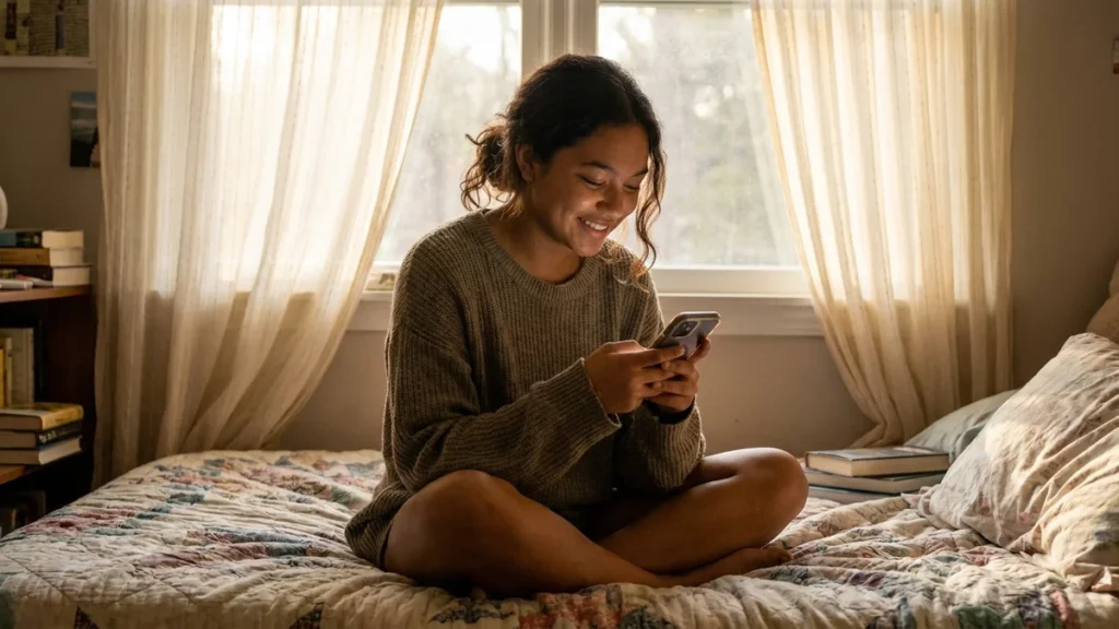 Teen girl cross-legged on bed smiling at her phone in a sunlit bedroom