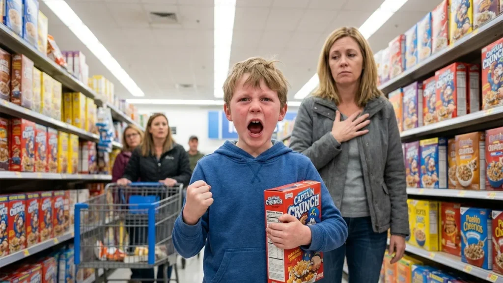 Boy mid-meltdown clutching cereal box in grocery aisle as mom looks on
