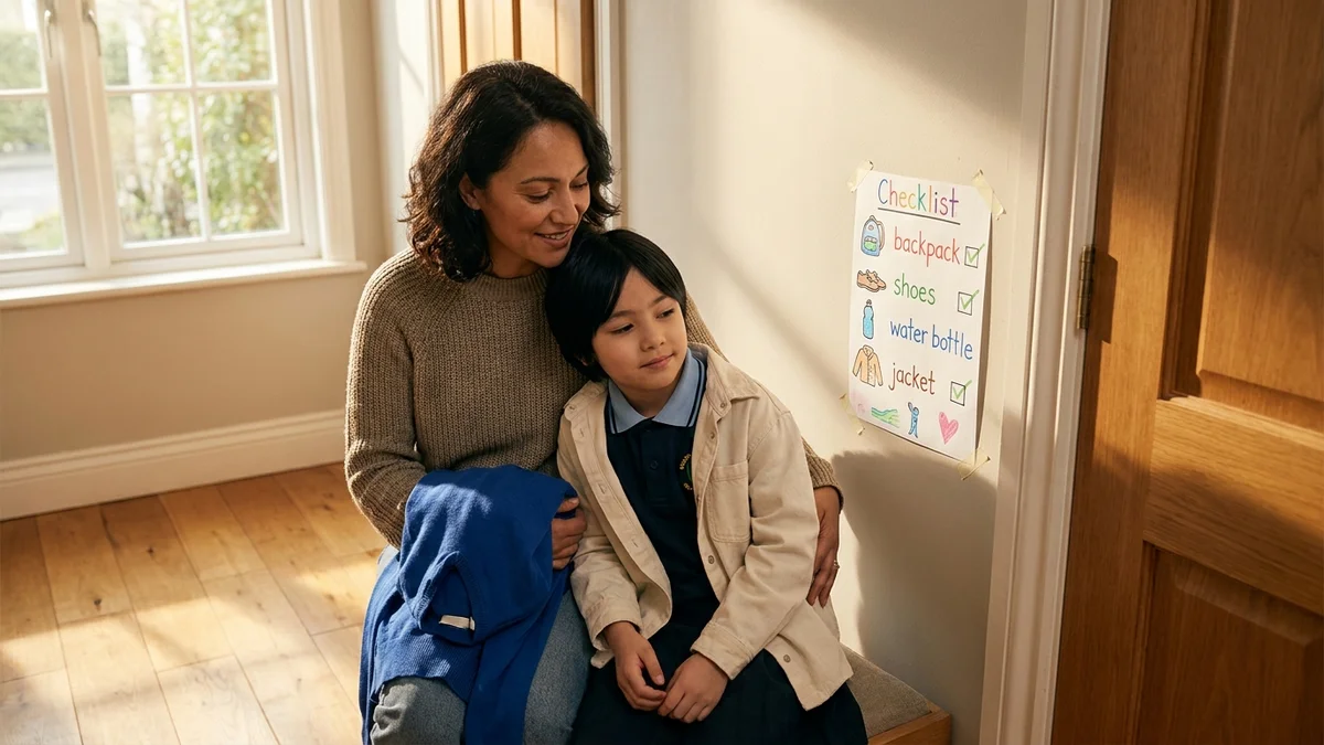 Mother and child reviewing a school morning checklist by the front door