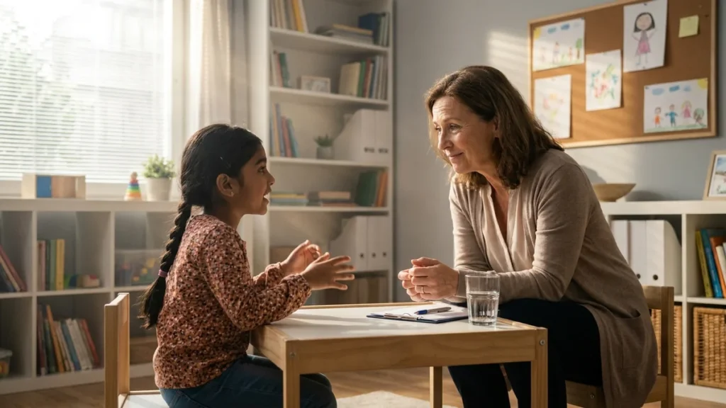 Girl gesturing during a one-on-one session with a child therapist
