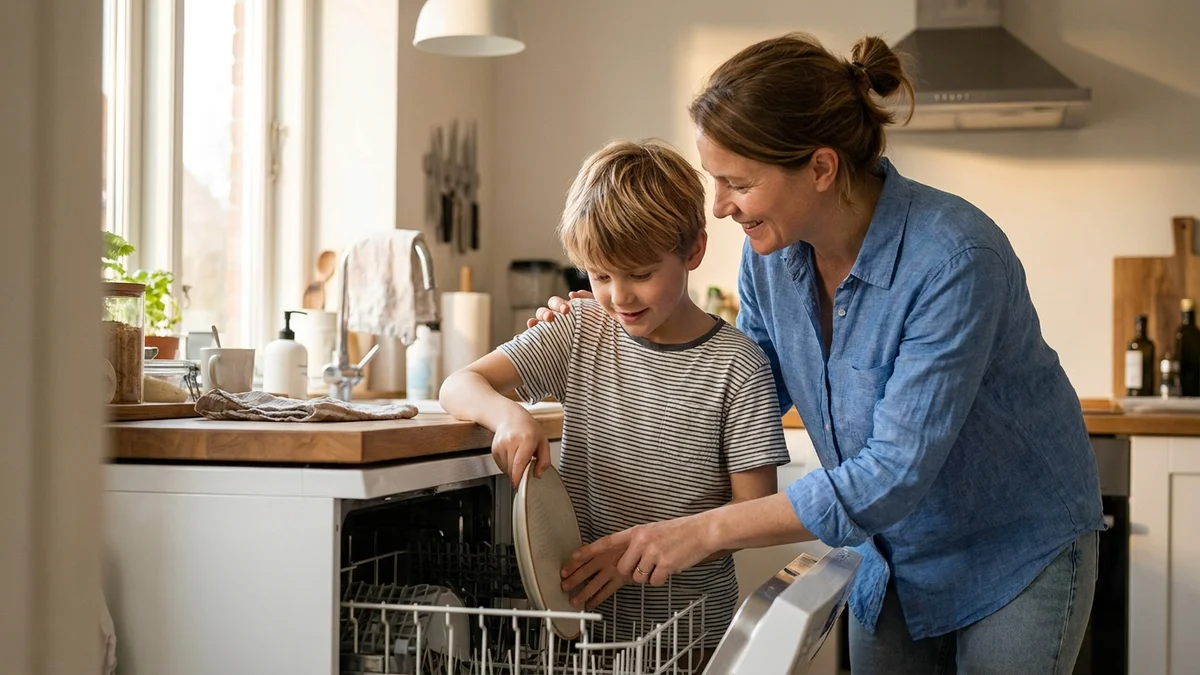 Mother and son unloading dishwasher together, building intrinsic motivation through chores
