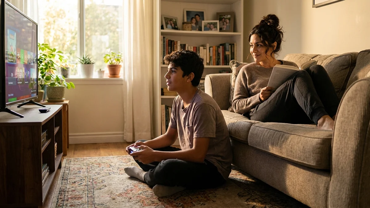 Mother reading nearby while teenage son plays video games at home