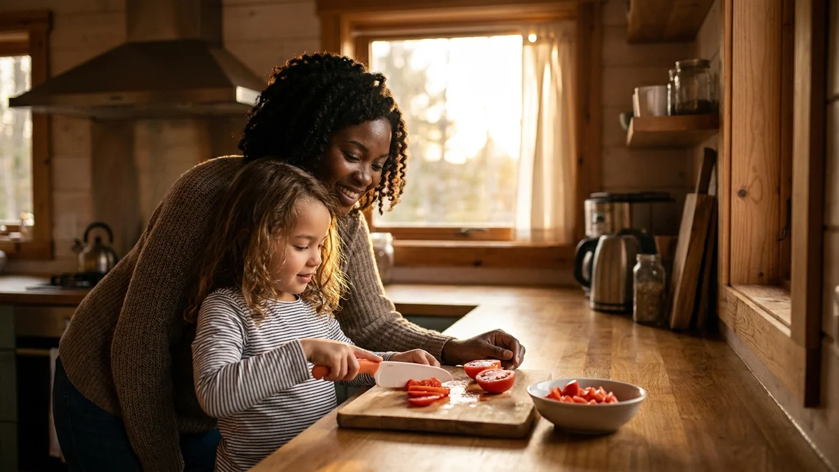 Mother guiding daughter through knife skills while chopping tomatoes together