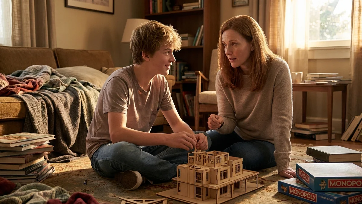 Mother and teen son connecting over model house build in living room
