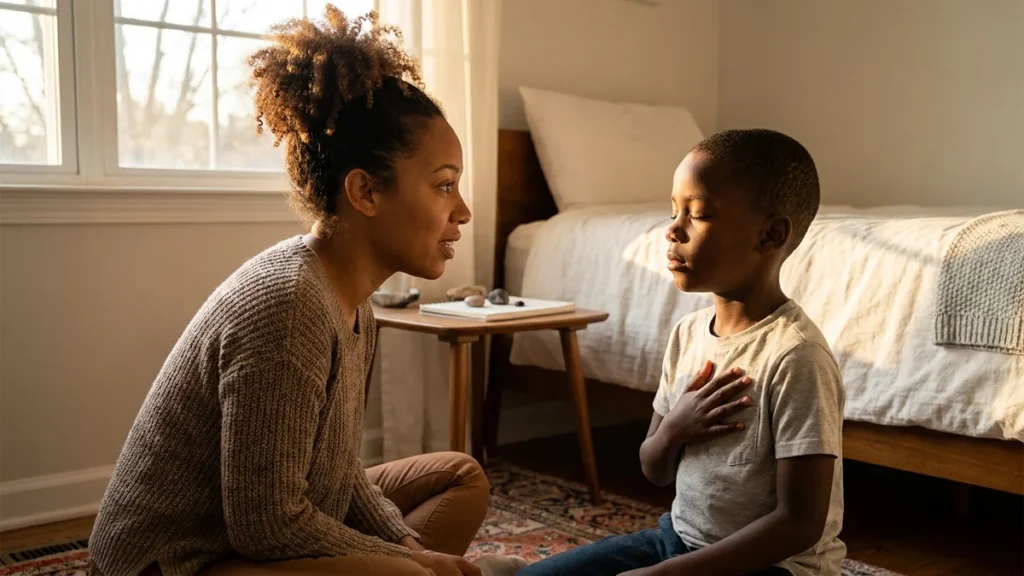 Mother kneeling to guide son through calming breath at bedside