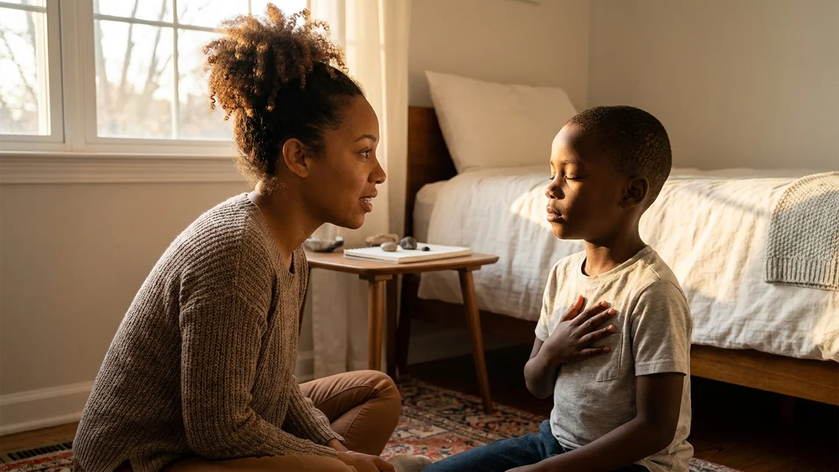 Mother kneeling to guide son through calming breath at bedside